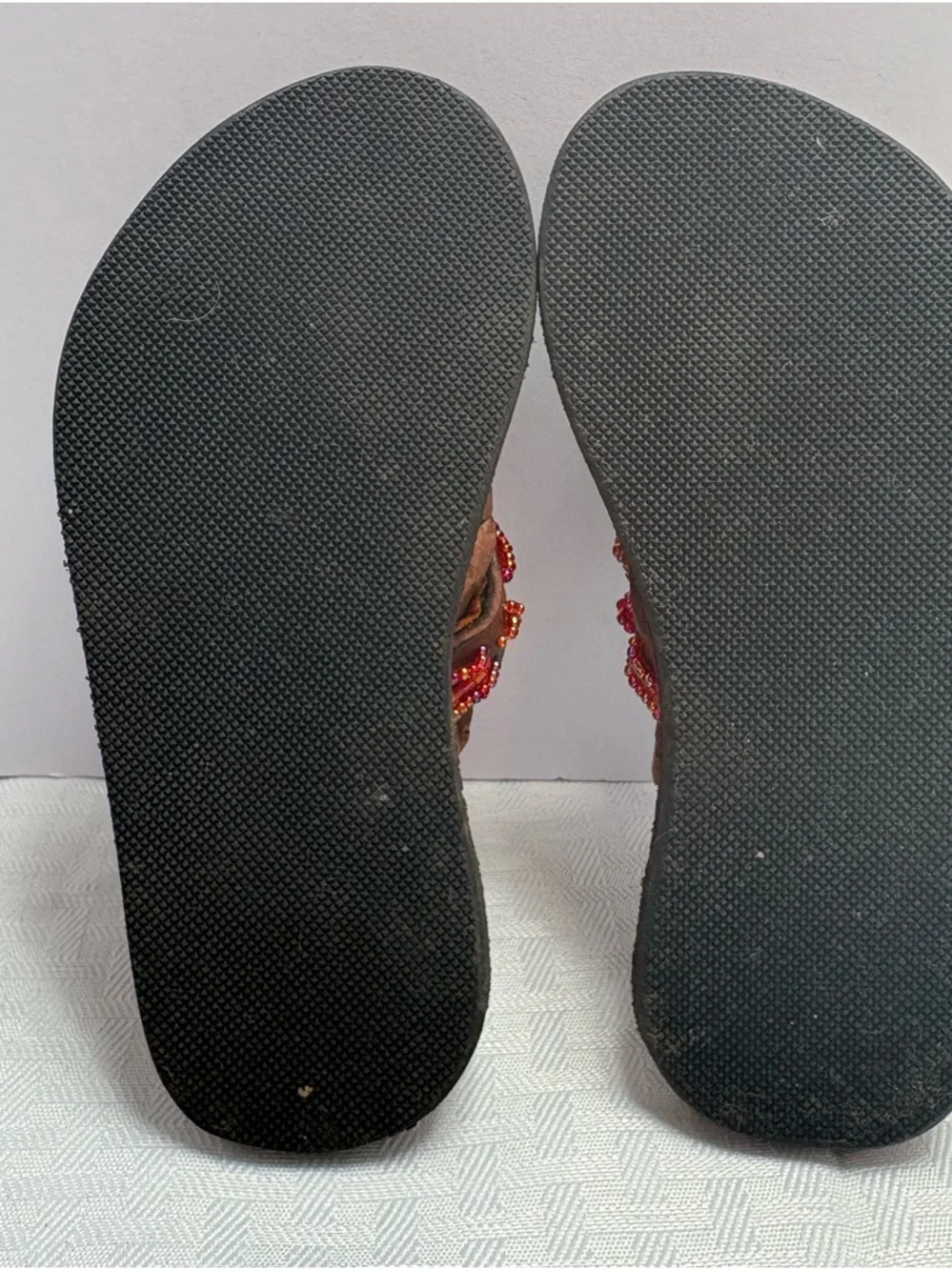 Adorable Bohemian Little Girls Brown Leather Beaded Toe-Post Sandals Boho Hippie